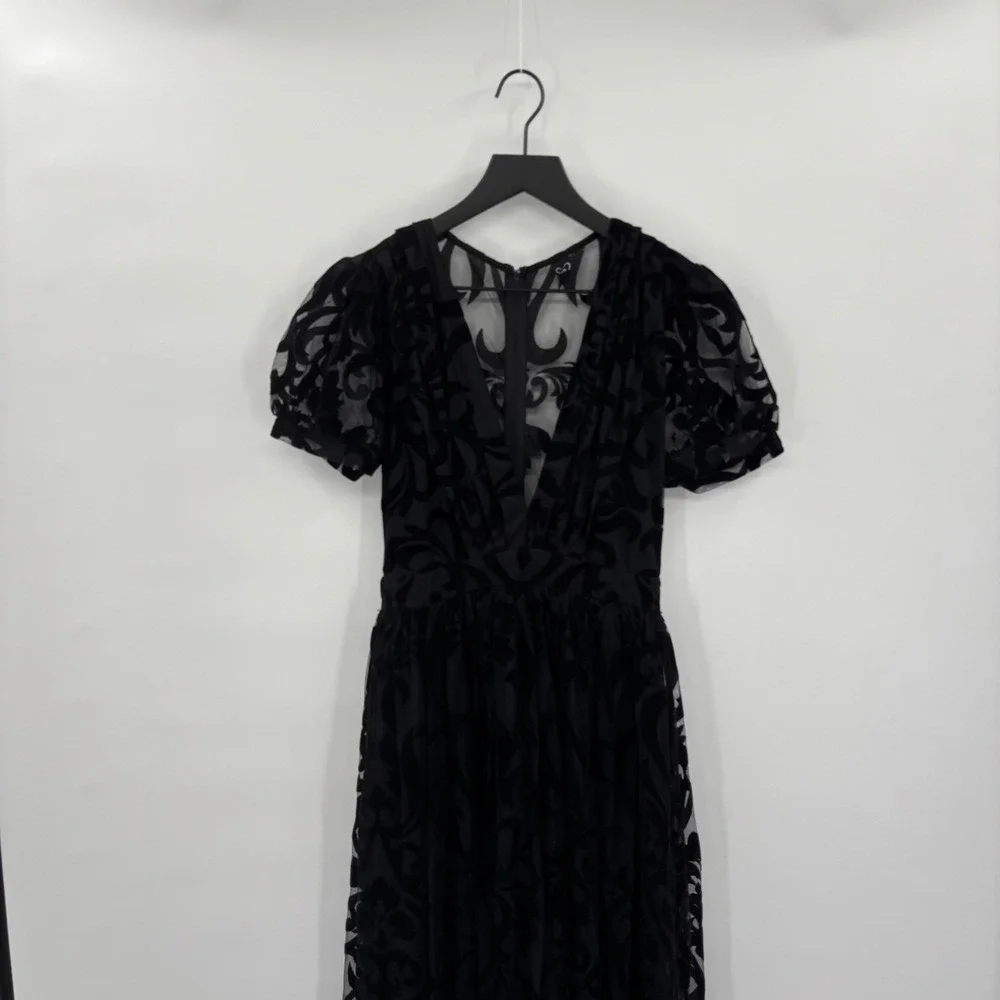 Windsor Black Velvet Burnout Mesh Maxi Dress‎ Short Sleeve V Neck S - Picture 4 of 16